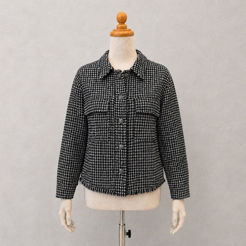 Nicole Miller Houndstooth Tweed Jacket Womens M Fringe Hem Business Preppy Chic